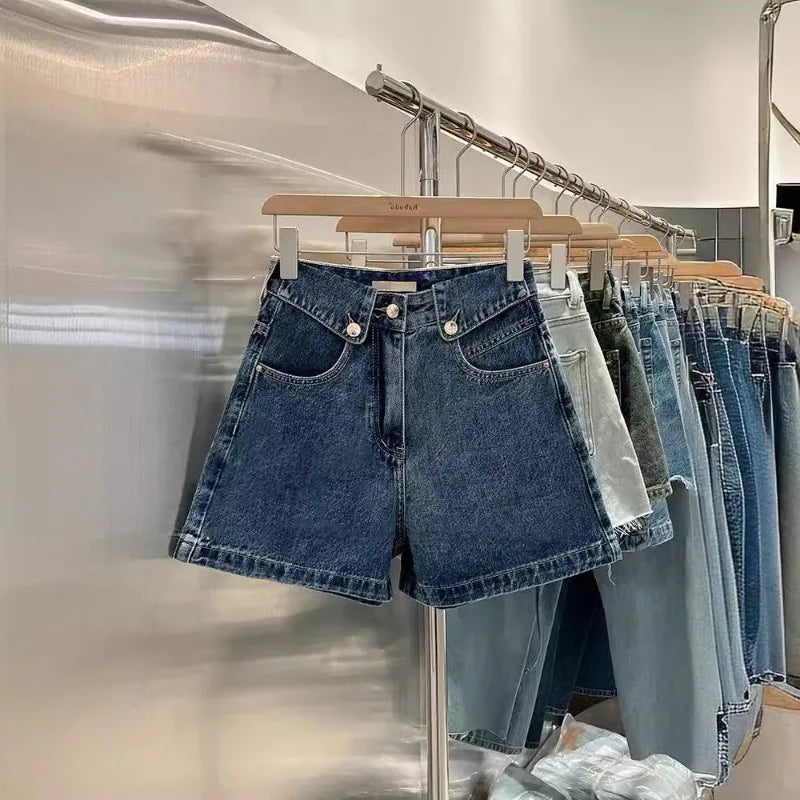 2026 Summer Denim Shorts Women's Trendy Versatile High-Waisted Loose-Fit Straight-Leg Casual Mid-Length Wide-Leg Vintage Pants