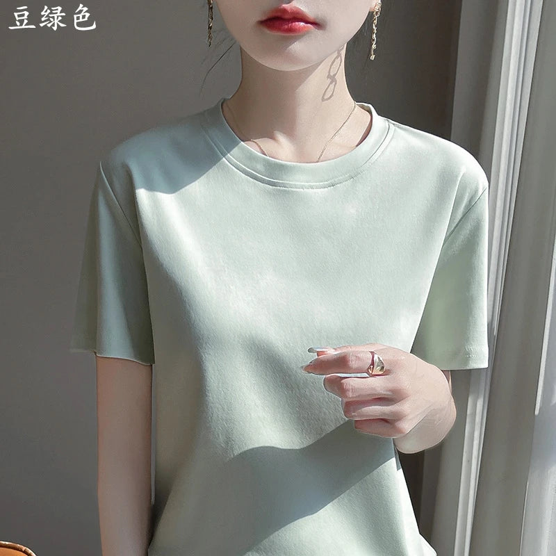 2026 Summer New Cotton Short Sleeve T-shirt Women's Round Neck Half Sleeve Mercerized Cotton Cool T-shirt
