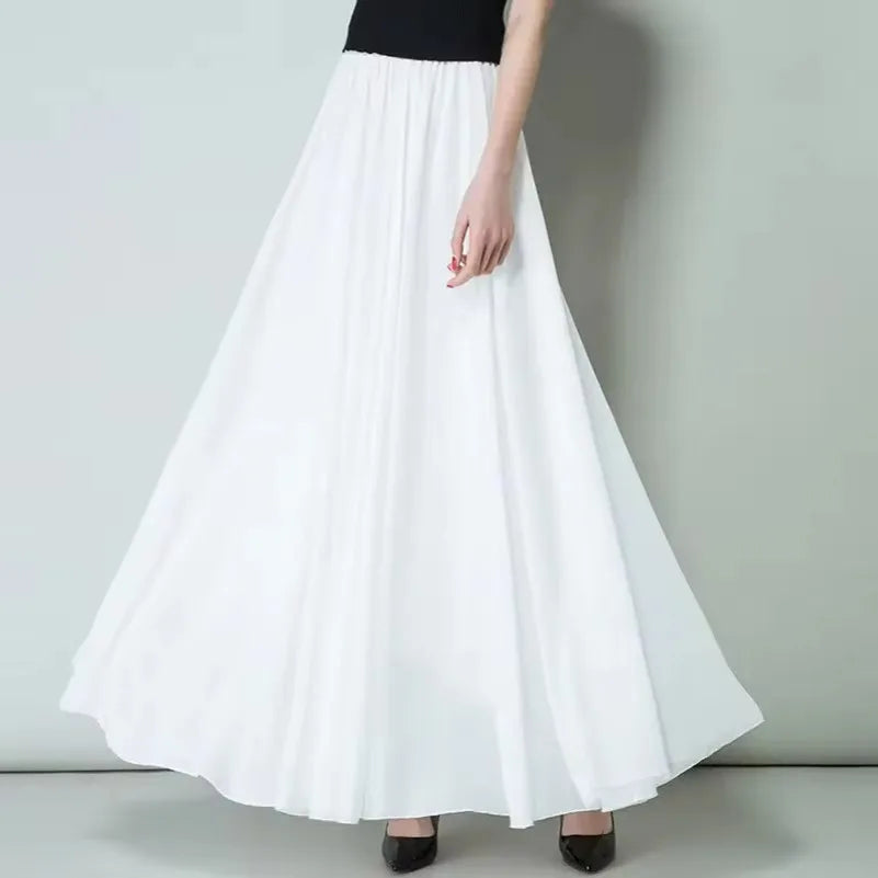 Women Summer Chiffon Dance Skirts Plus Size Full-Length Skirt High Waist Elegant Pink Black Red Royal Blue White Long Skirts