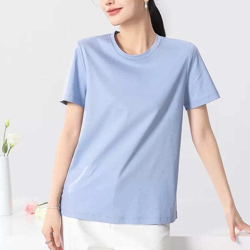 Eesswel Summer Casual Tee Shirts For Women 6% Silk 65% Cotton Women's T-shirt Basic Tees Tops Short Sleeve Solid Woman T shirt