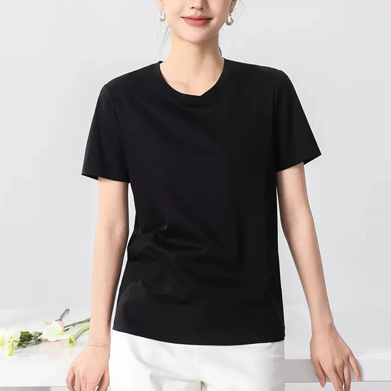 Eesswel Summer Casual Tee Shirts For Women 6% Silk 65% Cotton Women's T-shirt Basic Tees Tops Short Sleeve Solid Woman T shirt