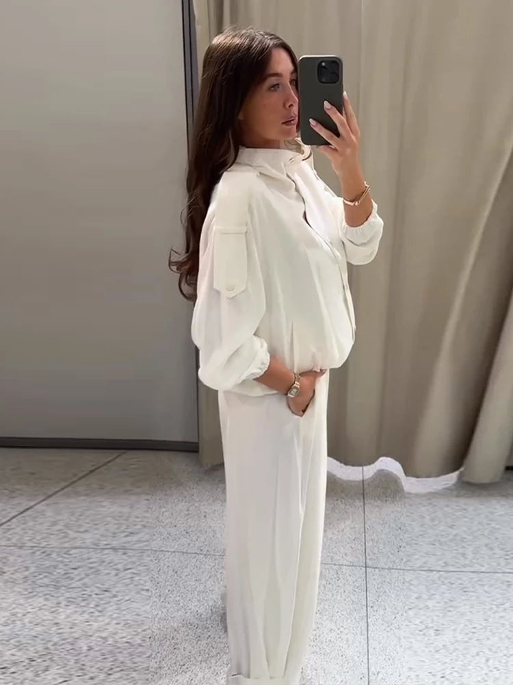 Casual Women's White Jacket Pants Set Loose Stand Collar Full Sleeve Single Breasted Jackets Wide Leg Pant 2026 Spring Suit