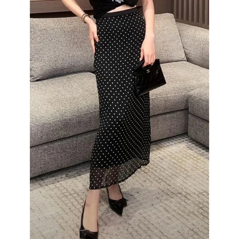 Women's Clothing 2025 Summer Fashion Polka Dot Print High Waist Long Skirts Office Lady Elegant Commuting Slim Party Maxi Skirt