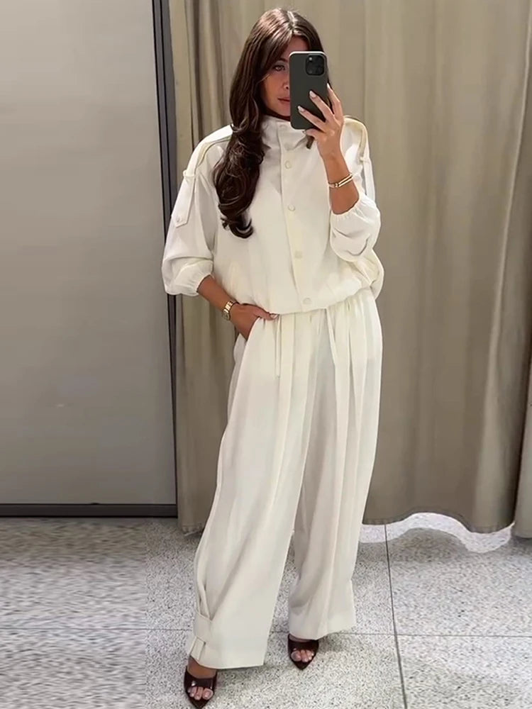 Casual Women's White Jacket Pants Set Loose Stand Collar Full Sleeve Single Breasted Jackets Wide Leg Pant 2026 Spring Suit