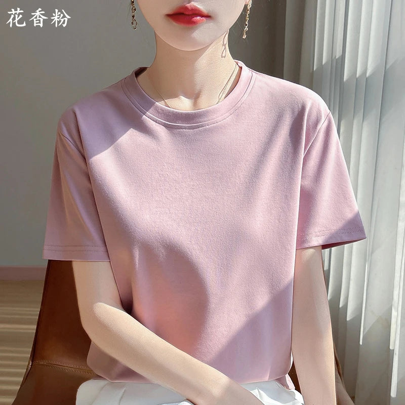 2026 Summer New Cotton Short Sleeve T-shirt Women's Round Neck Half Sleeve Mercerized Cotton Cool T-shirt