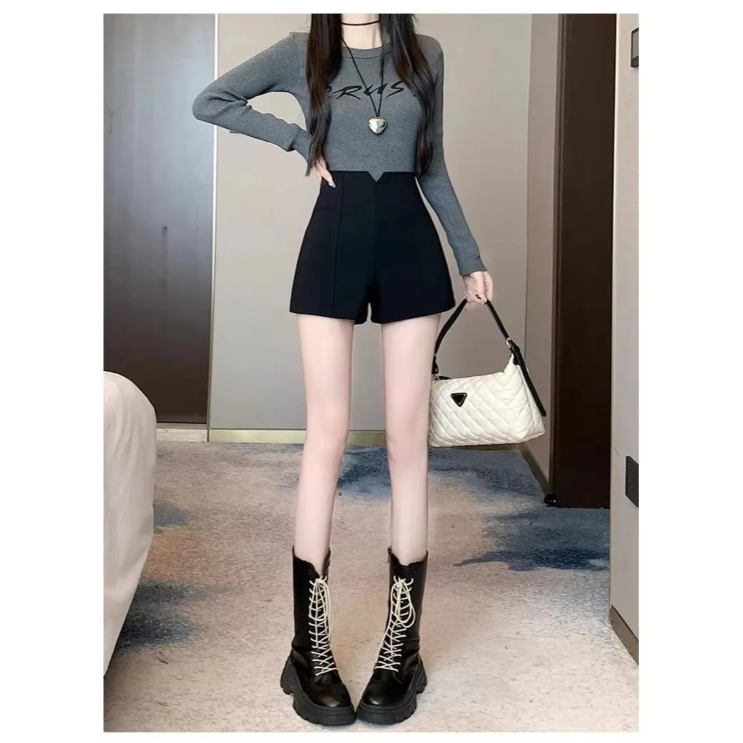 Woolen shorts women's high waisted hot pants as a base versatile boots for autumn and winter 2025 new casual pants black pants f