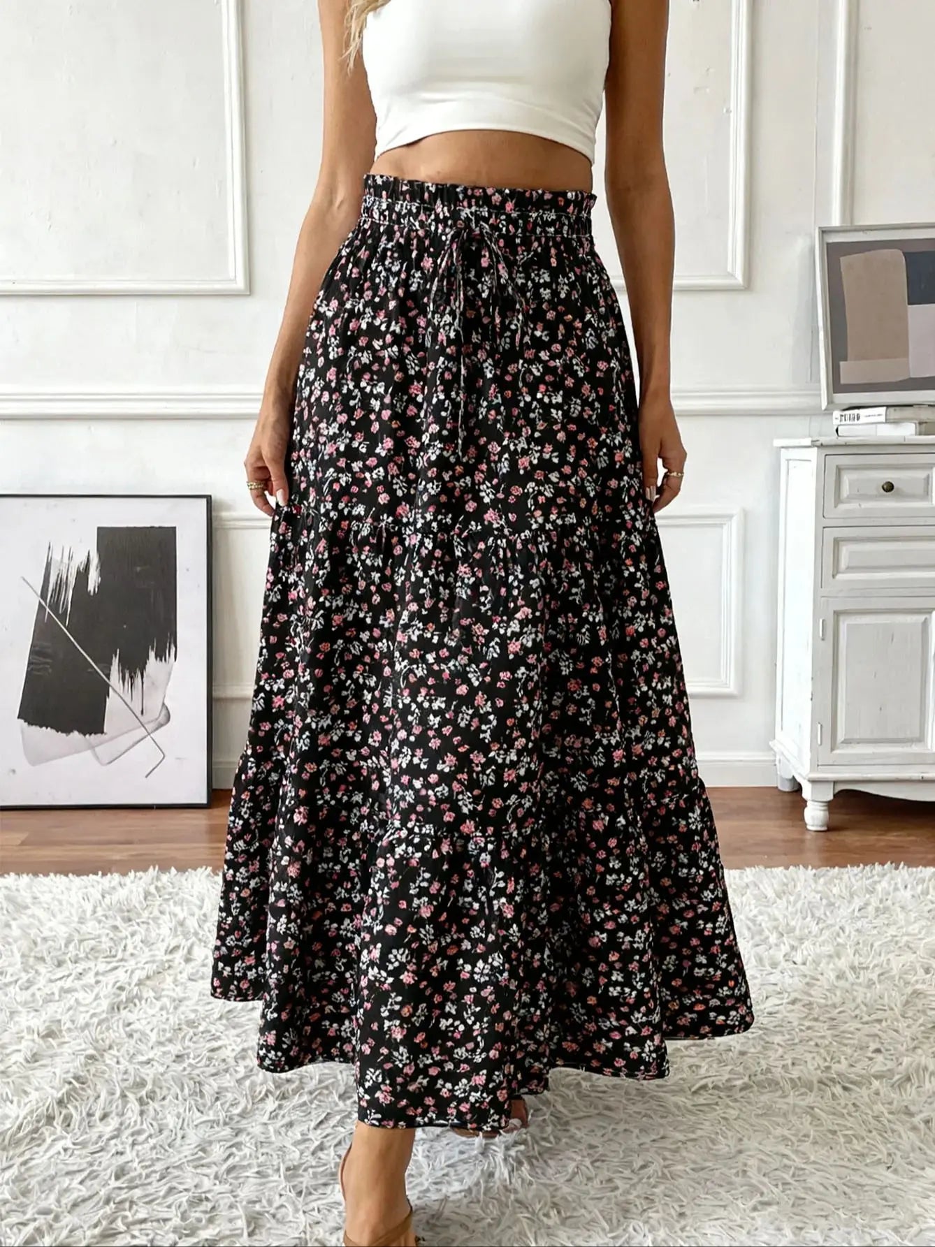 Women's Elastic High Waist Floral Midi Skirt,Vintage Chiffon Flared Long Skirt for Daily Casual Commute Vacation