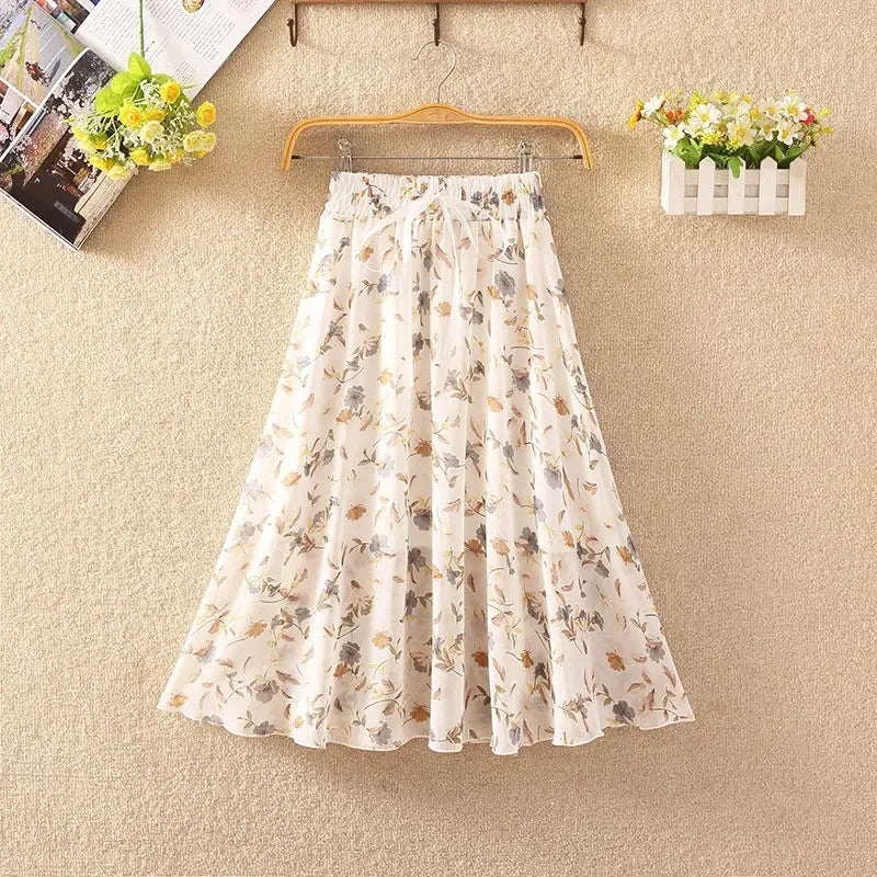 Women's Floral Skirt High Waist Long 2024 Printed Chiffon Skirt Summer Woman Skirts Mujer Faldas Saias Mulher