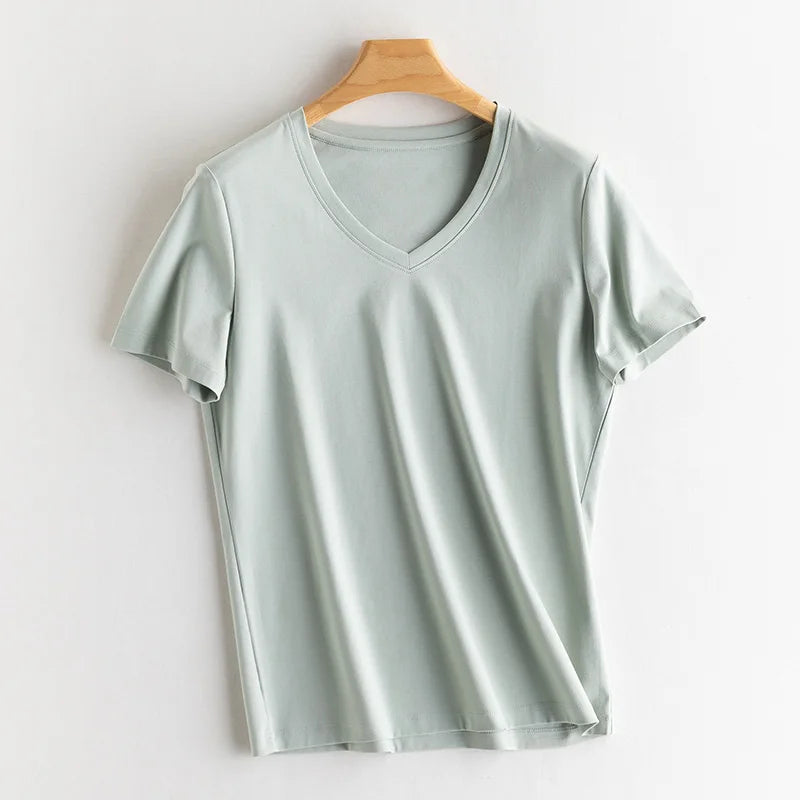 Eesswel Summer Casual Tee Shirts For Women 6% Silk 65% Cotton Women's T-shirt Basic Tees Tops Short Sleeve Solid Woman T shirt