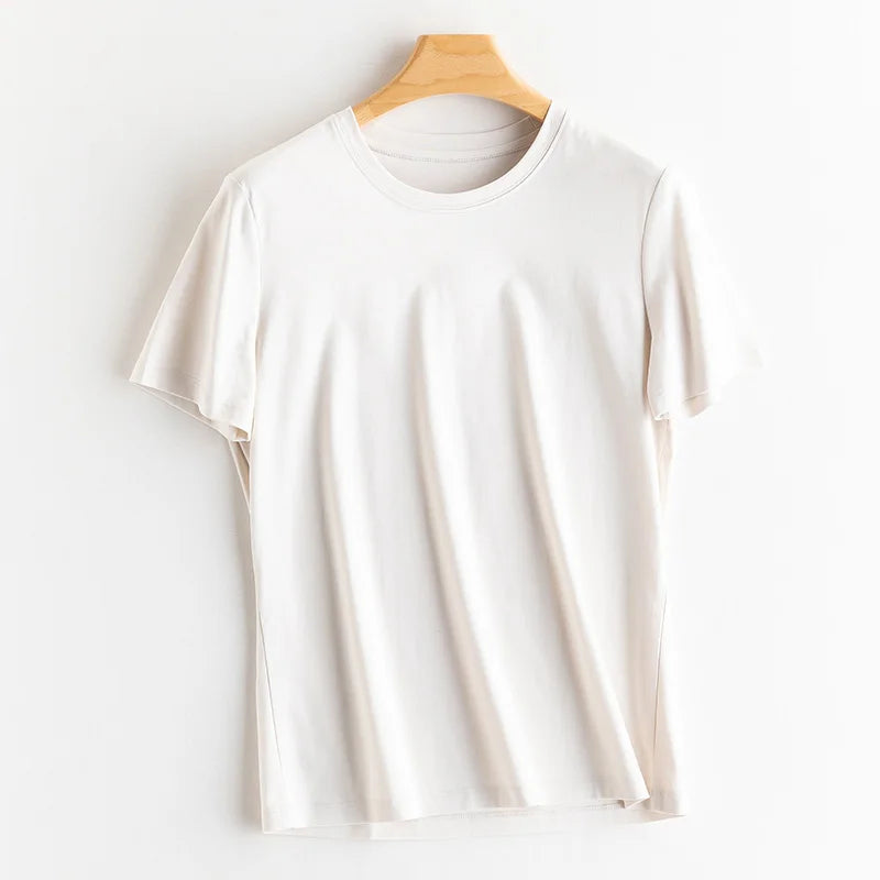 Eesswel Summer Casual Tee Shirts For Women 6% Silk 65% Cotton Women's T-shirt Basic Tees Tops Short Sleeve Solid Woman T shirt