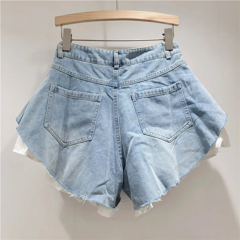 Fashion 2026 Summer New Collection Multi Layer Ruffles Patchwork Light Blue Wide Leg Denim Shorts Women High-waist Short Jeans