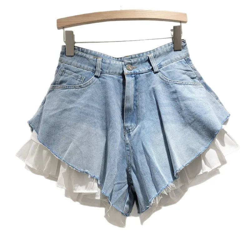 Fashion 2026 Summer New Collection Multi Layer Ruffles Patchwork Light Blue Wide Leg Denim Shorts Women High-waist Short Jeans