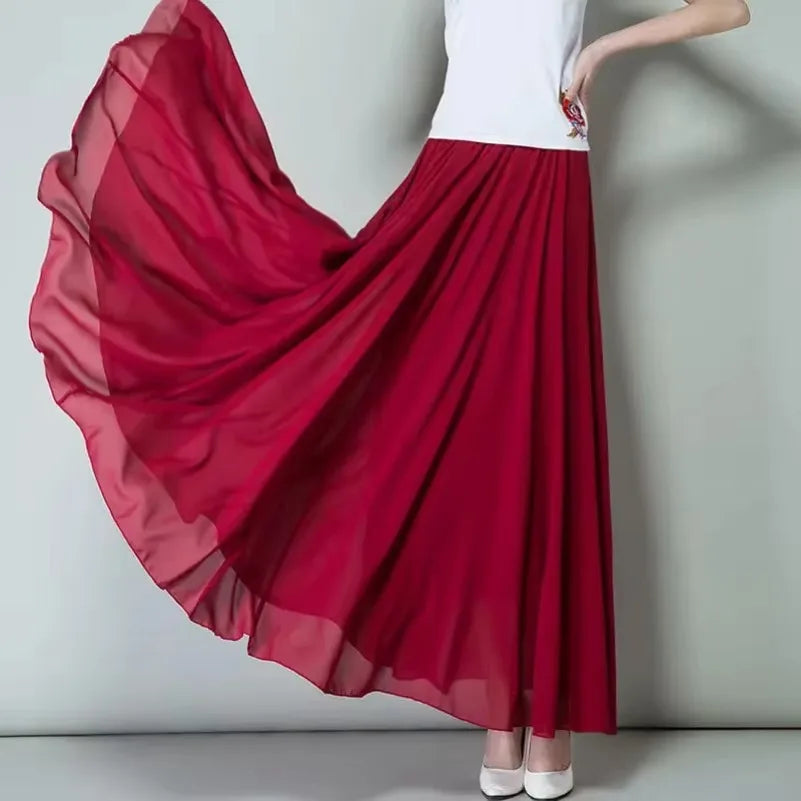 Women Summer Chiffon Dance Skirts Plus Size Full-Length Skirt High Waist Elegant Pink Black Red Royal Blue White Long Skirts