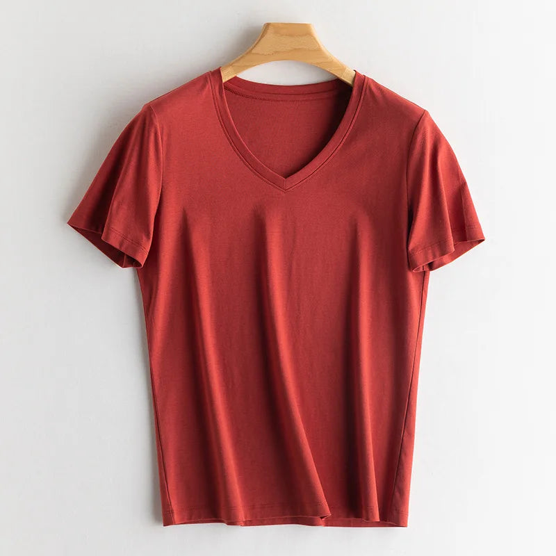 Eesswel Summer Casual Tee Shirts For Women 6% Silk 65% Cotton Women's T-shirt Basic Tees Tops Short Sleeve Solid Woman T shirt