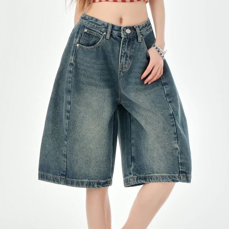Loose Wide Leg Denim Knee Length Pants Women American Vintage Slimming Shorts