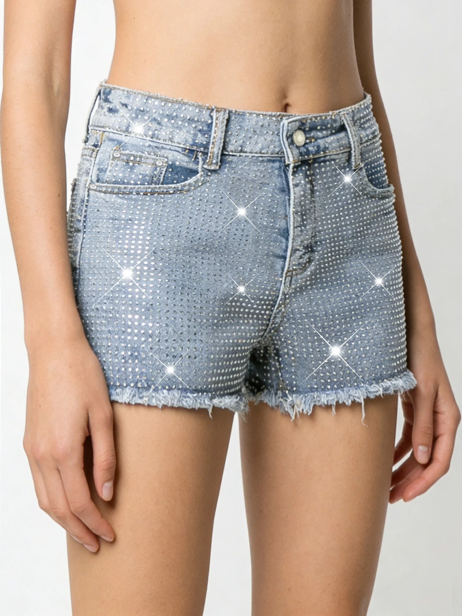 Shorts Female Jeans Women Jeans Shorts Distressed Denim Blue Stretch Elegant Fashion Crystal Embellished