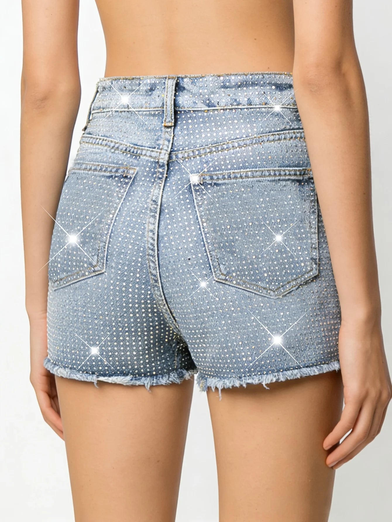 Shorts Female Jeans Women Jeans Shorts Distressed Denim Blue Stretch Elegant Fashion Crystal Embellished