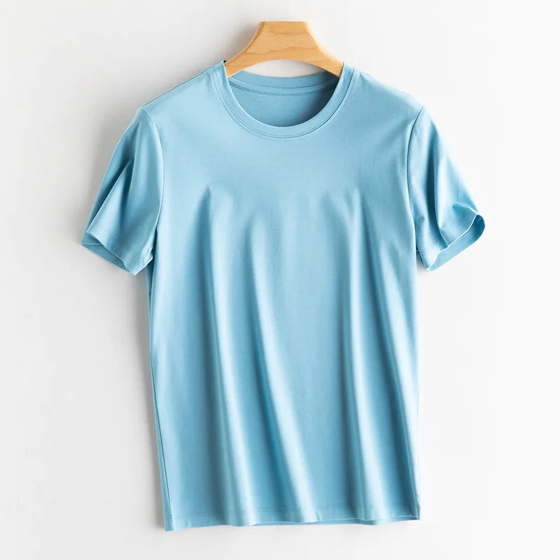 Eesswel Summer Casual Tee Shirts For Women 6% Silk 65% Cotton Women's T-shirt Basic Tees Tops Short Sleeve Solid Woman T shirt