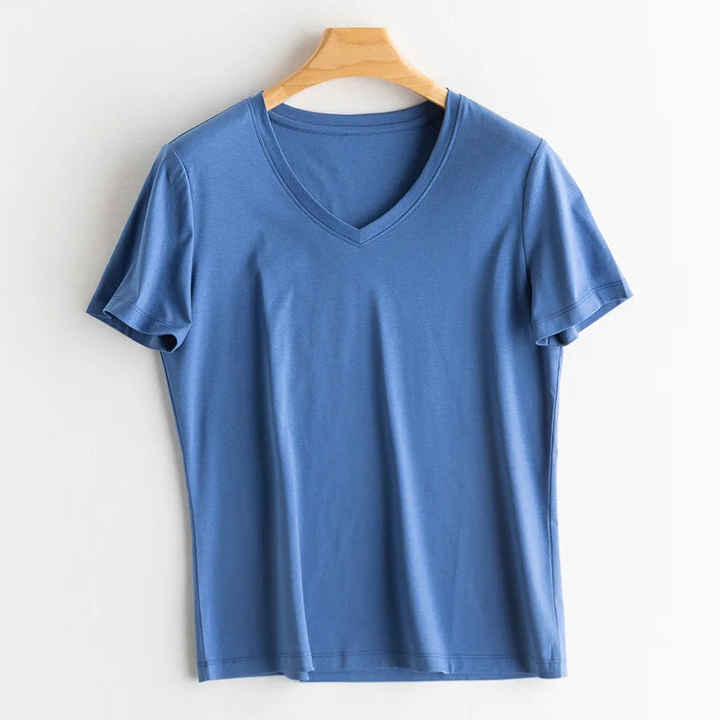 Eesswel Summer Casual Tee Shirts For Women 6% Silk 65% Cotton Women's T-shirt Basic Tees Tops Short Sleeve Solid Woman T shirt