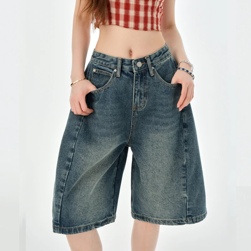 Loose Wide Leg Denim Knee Length Pants Women American Vintage Slimming Shorts