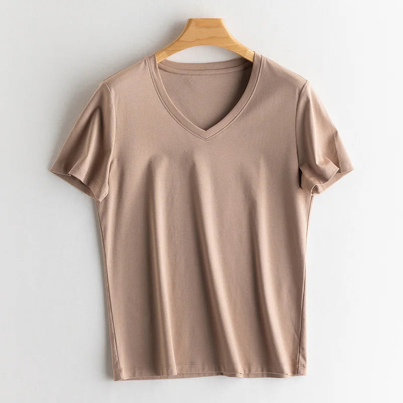 Eesswel Summer Casual Tee Shirts For Women 6% Silk 65% Cotton Women's T-shirt Basic Tees Tops Short Sleeve Solid Woman T shirt