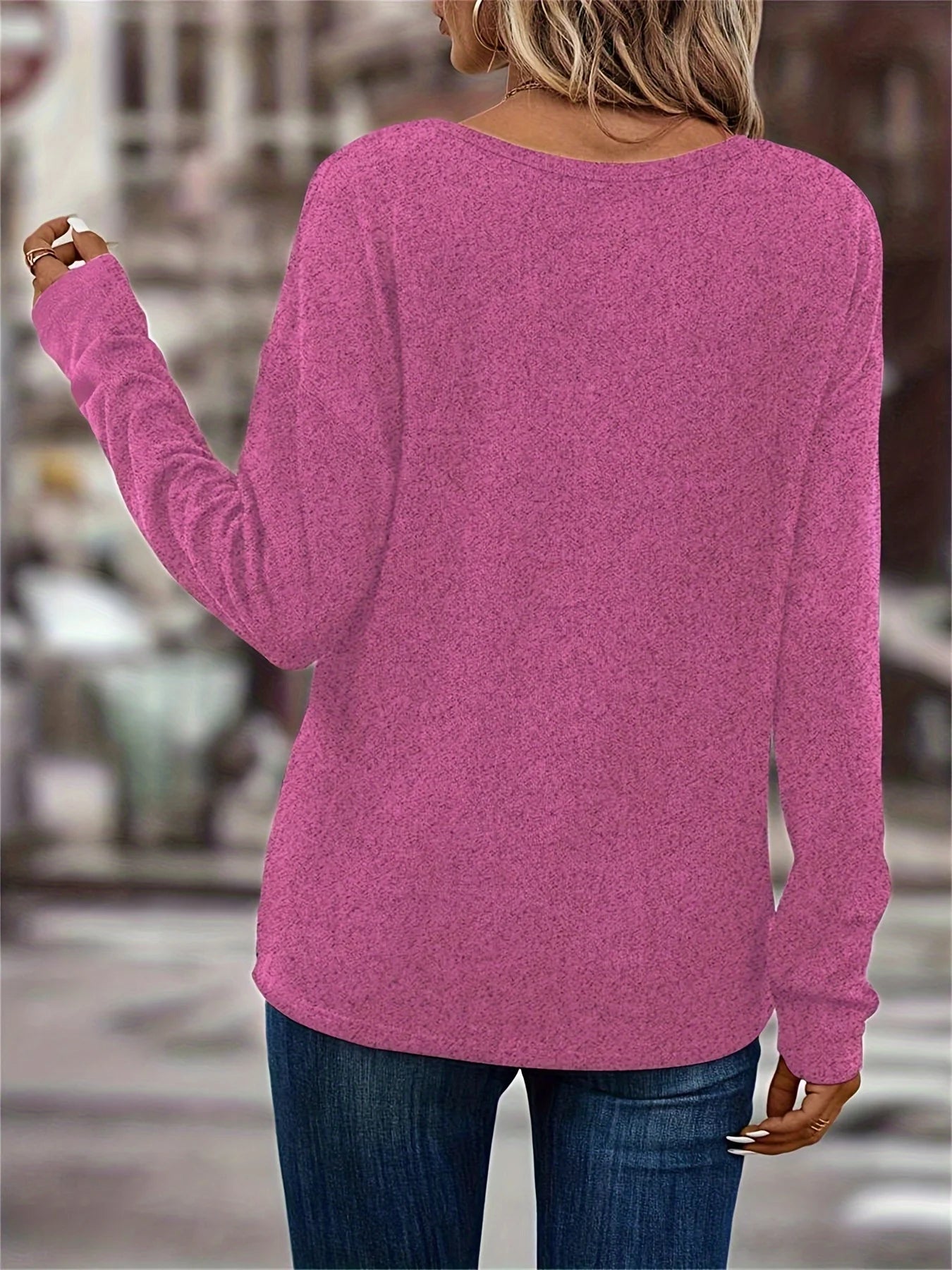 Women's Long Sleeve V-Neck Solid Color Dropped Shoulder T-Shirt - Soft micro-stretch fabric suitable for spring, summer and aut