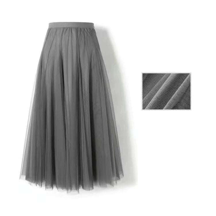 New Women Mesh Elastic Tutu Skirt Beach Spring Summer Korean High Waist Fashion Pleated Long Skirt Black White Tulle Skirts