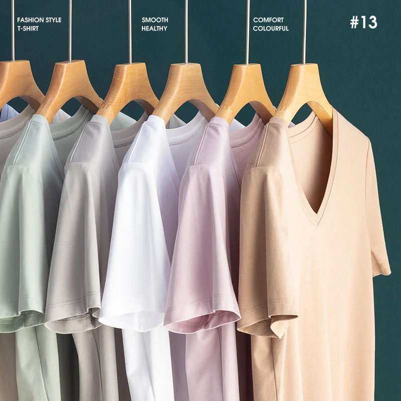 Eesswel Summer Casual Tee Shirts For Women 6% Silk 65% Cotton Women's T-shirt Basic Tees Tops Short Sleeve Solid Woman T shirt