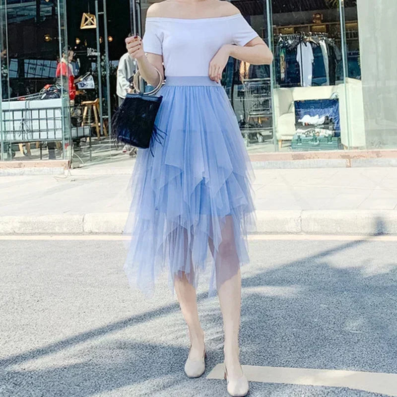 Summer Tutu Women Skirt Harajuku Casual Tulle Bottom Jupe Femme Faldas Fashion High Waist Midi Mesh Skirts Woman Clothing Saia