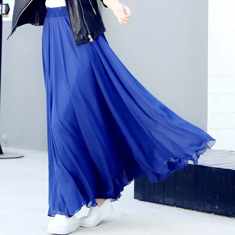 Women Summer Chiffon Dance Skirts Plus Size Full-Length Skirt High Waist Elegant Pink Black Red Royal Blue White Long Skirts