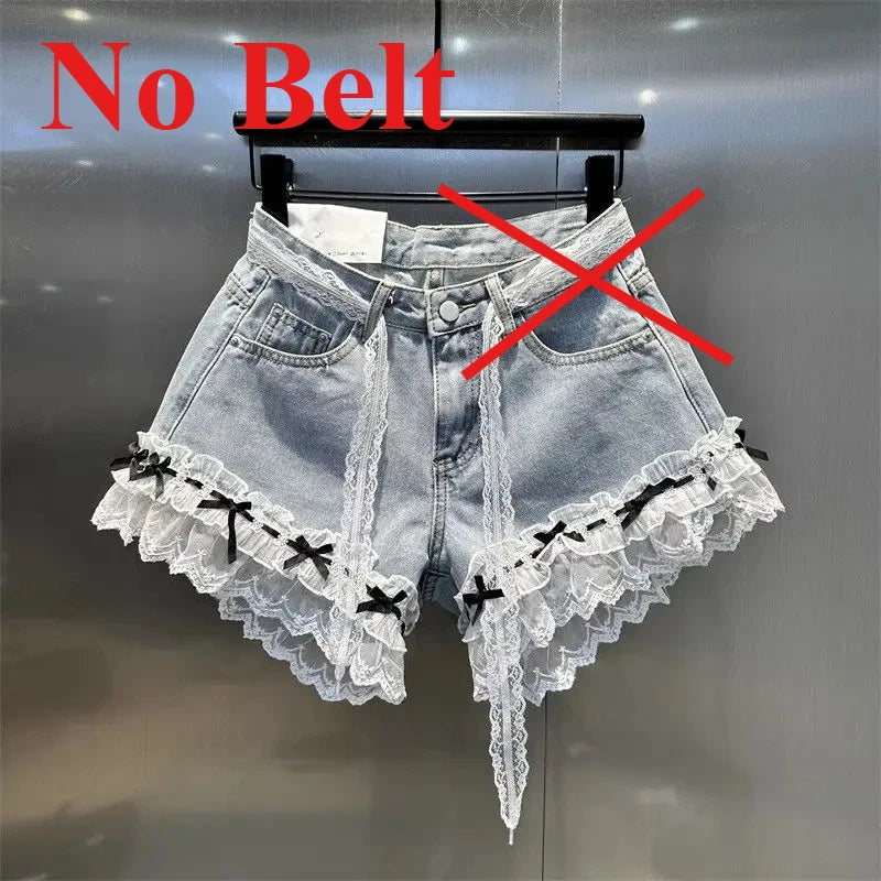 Summer Sweet Lace Denim Shorts for Women Bow Ruffles Patchwork A-line Short Jeans Korean Trend Fashion Female Wide Leg Shorts