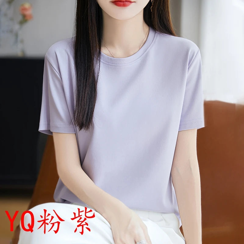 2026 Summer New Cotton Short Sleeve T-shirt Women's Round Neck Half Sleeve Mercerized Cotton Cool T-shirt