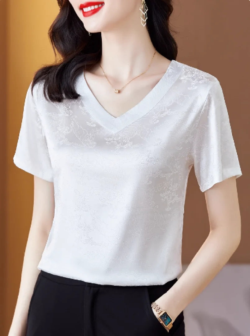 Women's New Premium Loose-Fit Top - Acetate Satin V-Neck Short-Sleeve Tee casual elegant outfits for women