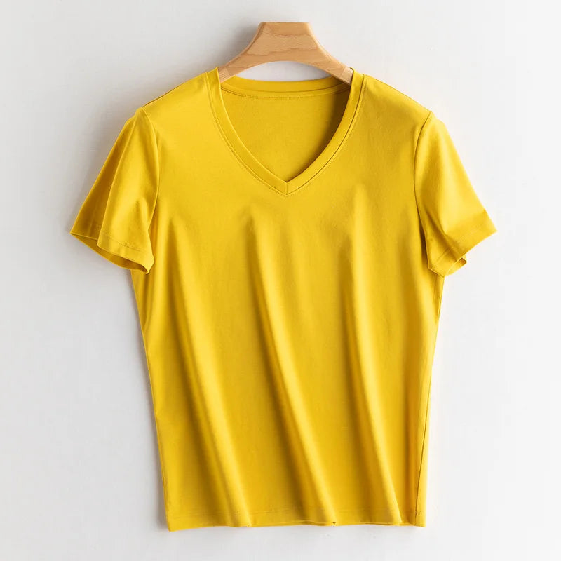 Eesswel Summer Casual Tee Shirts For Women 6% Silk 65% Cotton Women's T-shirt Basic Tees Tops Short Sleeve Solid Woman T shirt