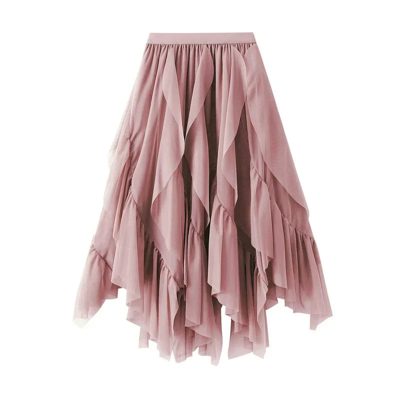 Women's Lotus Leaf Edge A Line Fairy Elastic Waist Tulle Skirt Midi High Waist Mesh Dress Solid Color Irregular Yarn Skirt D8808