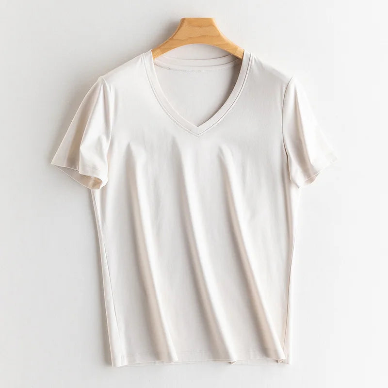 Eesswel Summer Casual Tee Shirts For Women 6% Silk 65% Cotton Women's T-shirt Basic Tees Tops Short Sleeve Solid Woman T shirt