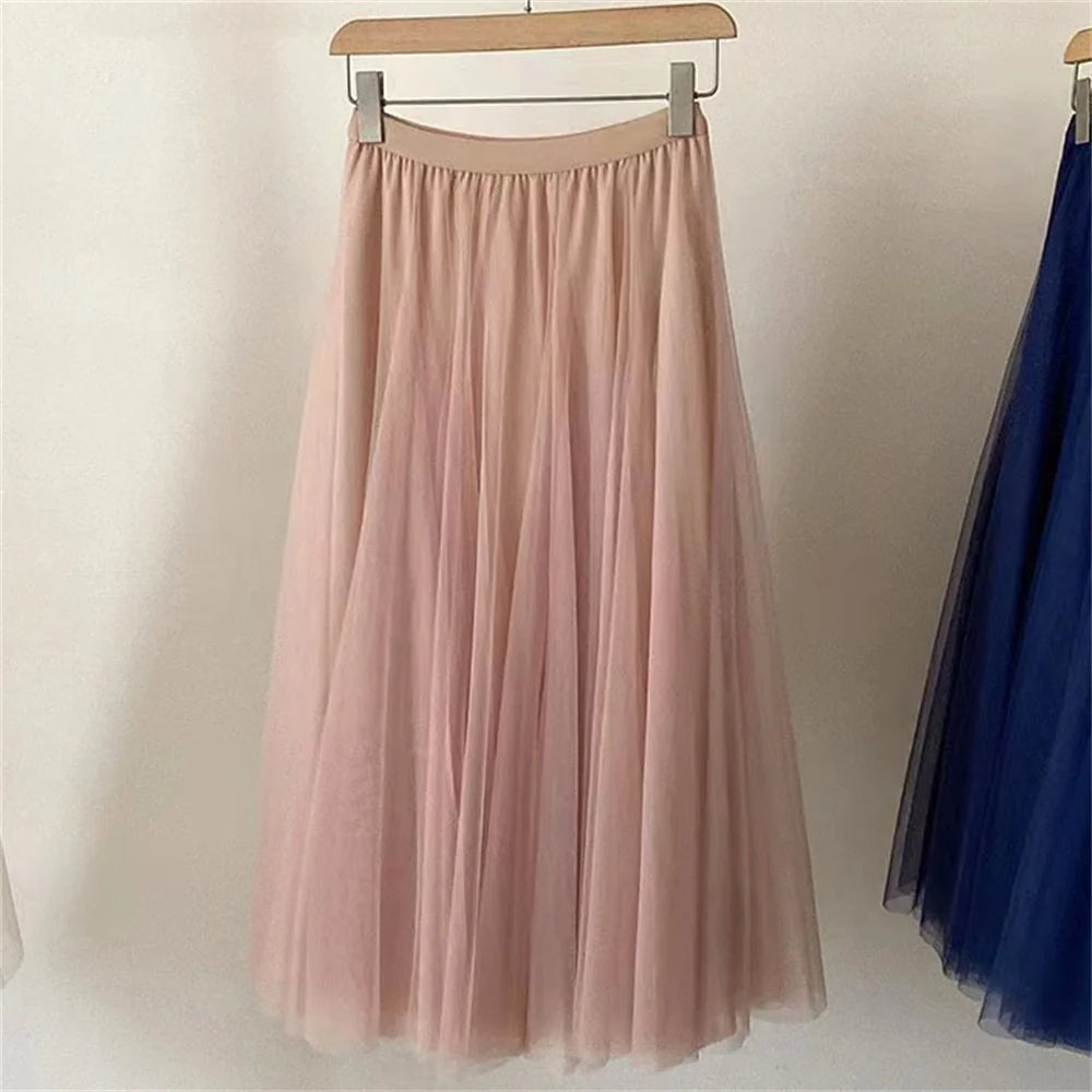 New Women Mesh Elastic Tutu Skirt Beach Spring Summer Korean High Waist Fashion Pleated Long Skirt Black White Tulle Skirts