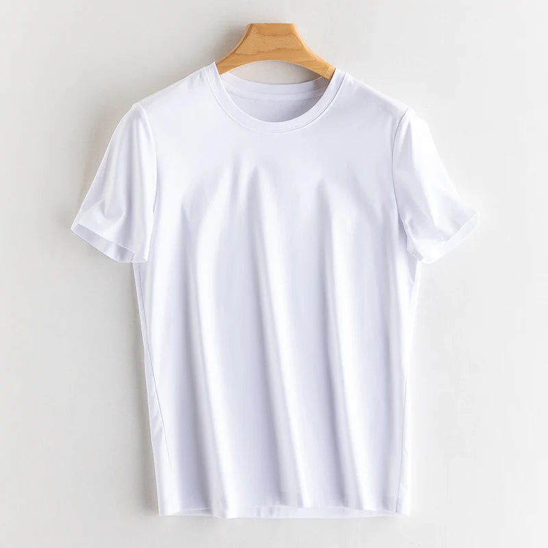 Eesswel Summer Casual Tee Shirts For Women 6% Silk 65% Cotton Women's T-shirt Basic Tees Tops Short Sleeve Solid Woman T shirt