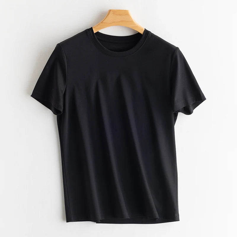 Eesswel Summer Casual Tee Shirts For Women 6% Silk 65% Cotton Women's T-shirt Basic Tees Tops Short Sleeve Solid Woman T shirt