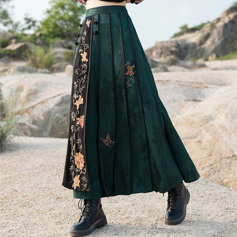 High Quality Floral Embroidery Long Skirt Women New Arrival 2026 Spring Chinese Style Vintage Ladies Elegant A-line Skirts M932