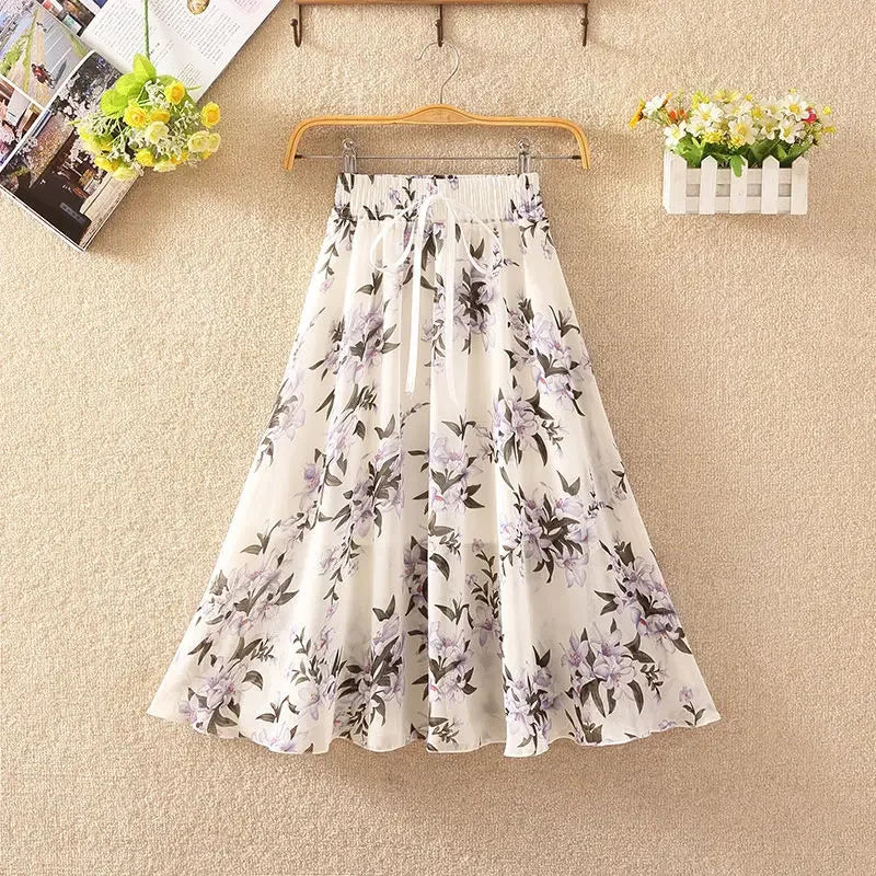 Women's Floral Skirt High Waist Long 2024 Printed Chiffon Skirt Summer Woman Skirts Mujer Faldas Saias Mulher