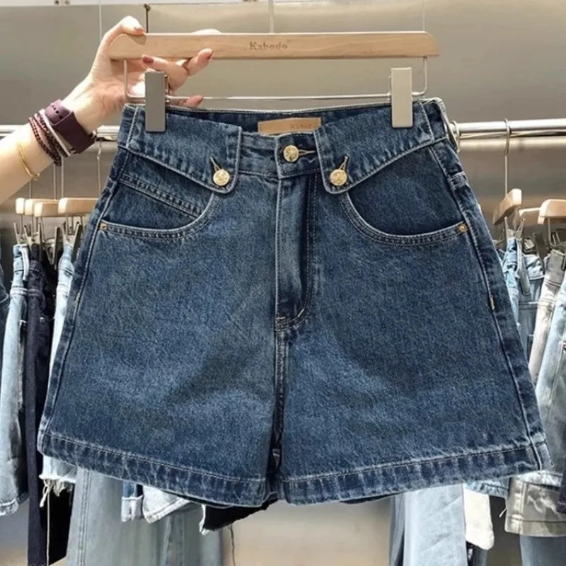 2026 Summer Denim Shorts Women's Trendy Versatile High-Waisted Loose-Fit Straight-Leg Casual Mid-Length Wide-Leg Vintage Pants