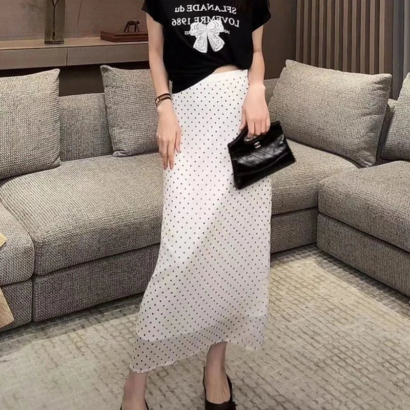 Women's Clothing 2025 Summer Fashion Polka Dot Print High Waist Long Skirts Office Lady Elegant Commuting Slim Party Maxi Skirt