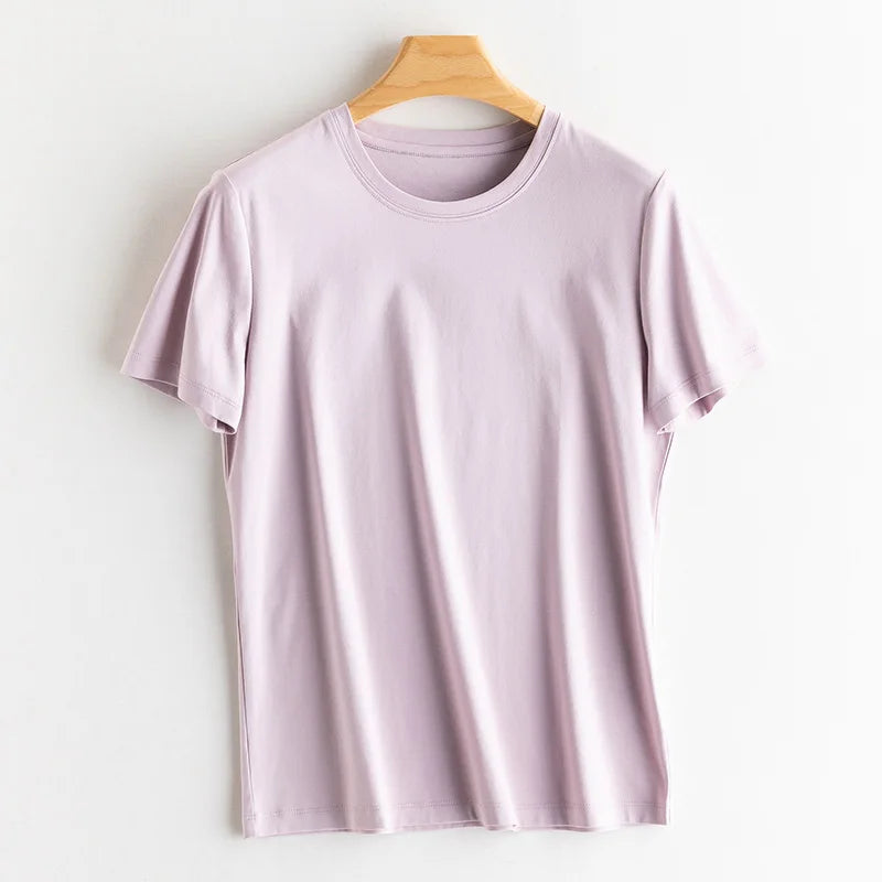 Eesswel Summer Casual Tee Shirts For Women 6% Silk 65% Cotton Women's T-shirt Basic Tees Tops Short Sleeve Solid Woman T shirt