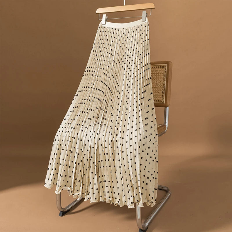 Polka Dot Pleated Long Skirt Women Fashion Elastic High Waisted Slim Dance Beach Skirt 2025 New Spring Summer Aautumn