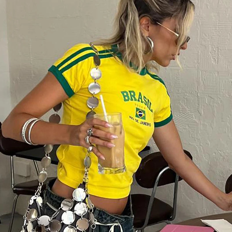 2026 Summer T-shirt For Women Brazil Letter Aesthetic 90's Crop Tops Casual Short Sleeve Tee Kpop Streetwear Vintage Y2k Clothes