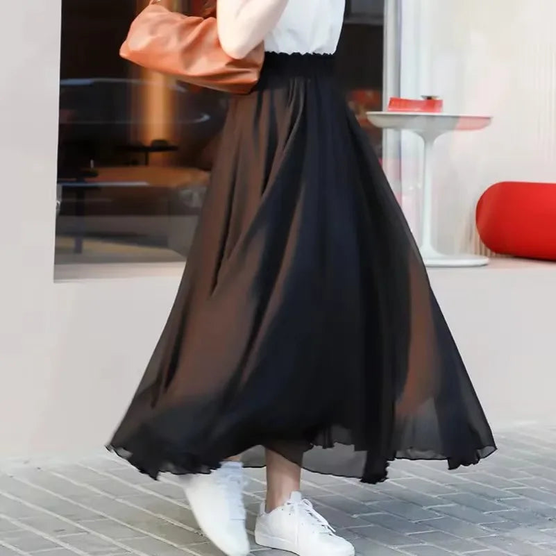 Women Summer Chiffon Dance Skirts Plus Size Full-Length Skirt High Waist Elegant Pink Black Red Royal Blue White Long Skirts
