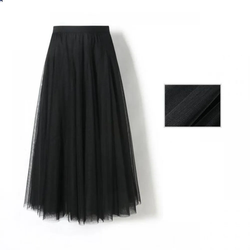 New Women Mesh Elastic Tutu Skirt Beach Spring Summer Korean High Waist Fashion Pleated Long Skirt Black White Tulle Skirts