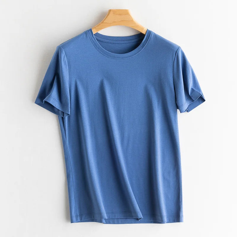 Eesswel Summer Casual Tee Shirts For Women 6% Silk 65% Cotton Women's T-shirt Basic Tees Tops Short Sleeve Solid Woman T shirt